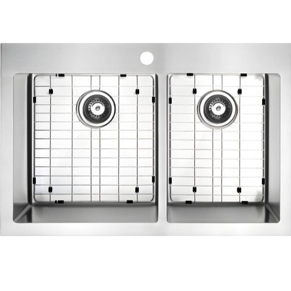 Évier de cuisine à deux cuves en acier inoxydable de 33 po (60/40), montage en surface/sous plan avec trou pour robinet