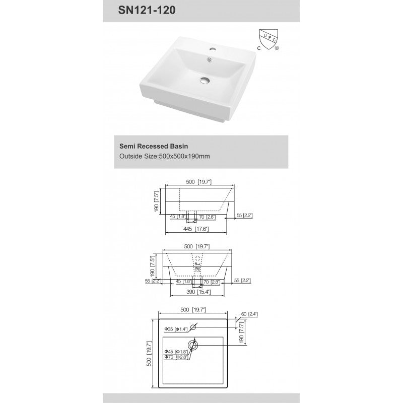 Olka 19.5" Semi-Undermount Porcelain Sink
