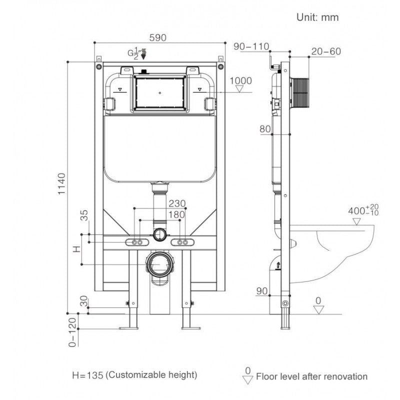 Rounded black recessed trigger, wall tank
