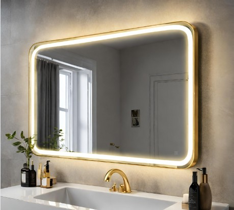 Miroir LED rectangulaire avec bords arrondis dorés