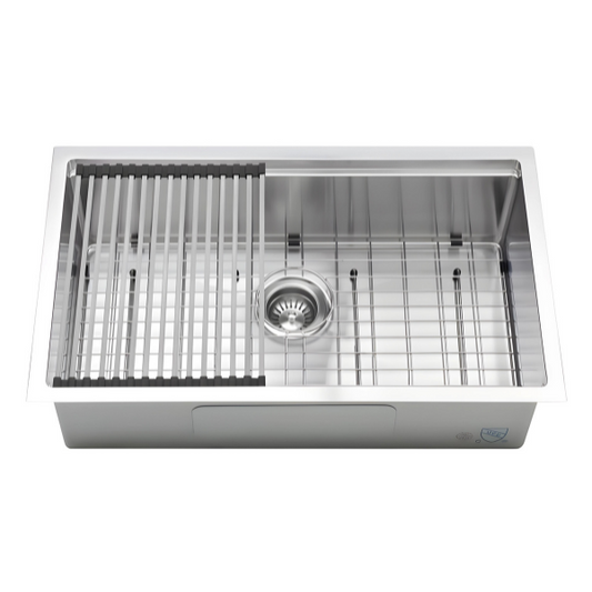 30in Stainless Steel Ledge Single Bowl Kitchen Sink with Grids, 16gauges