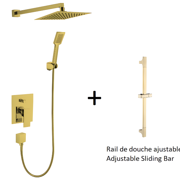 Ensemble de douche carré en or brossé avec barre coulissante réglable