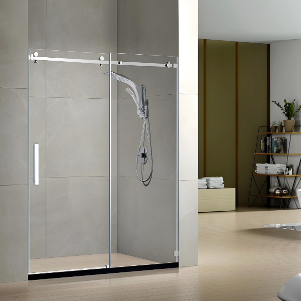 Porte de douche coulissante en chrome avec verre transparent