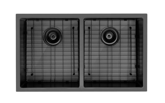 IM - 32 inch (50/50), 16 gauge black stainless steel double sink with grids 