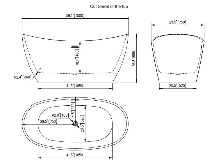 59" freestanding bathtub, Sami